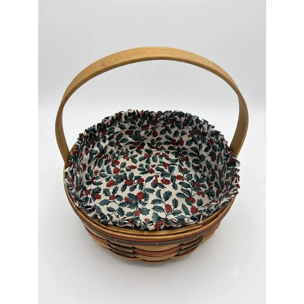 Vintage 1992 Longaberger Large Round Basket with Holly Leaf Berries Fabric Liner